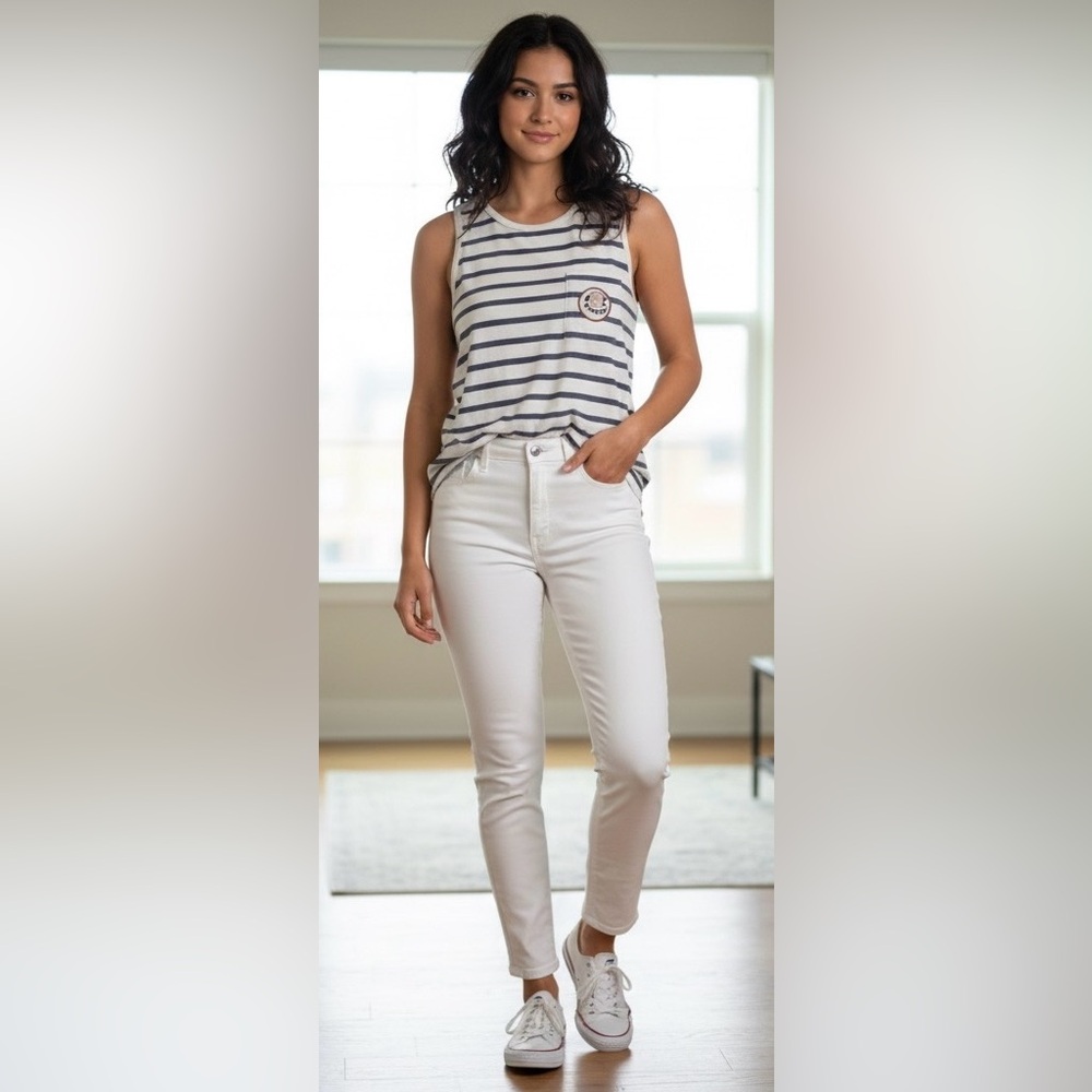 Madewell off white with gray stripes Hiatus sleeveless top,slightly distressed,M